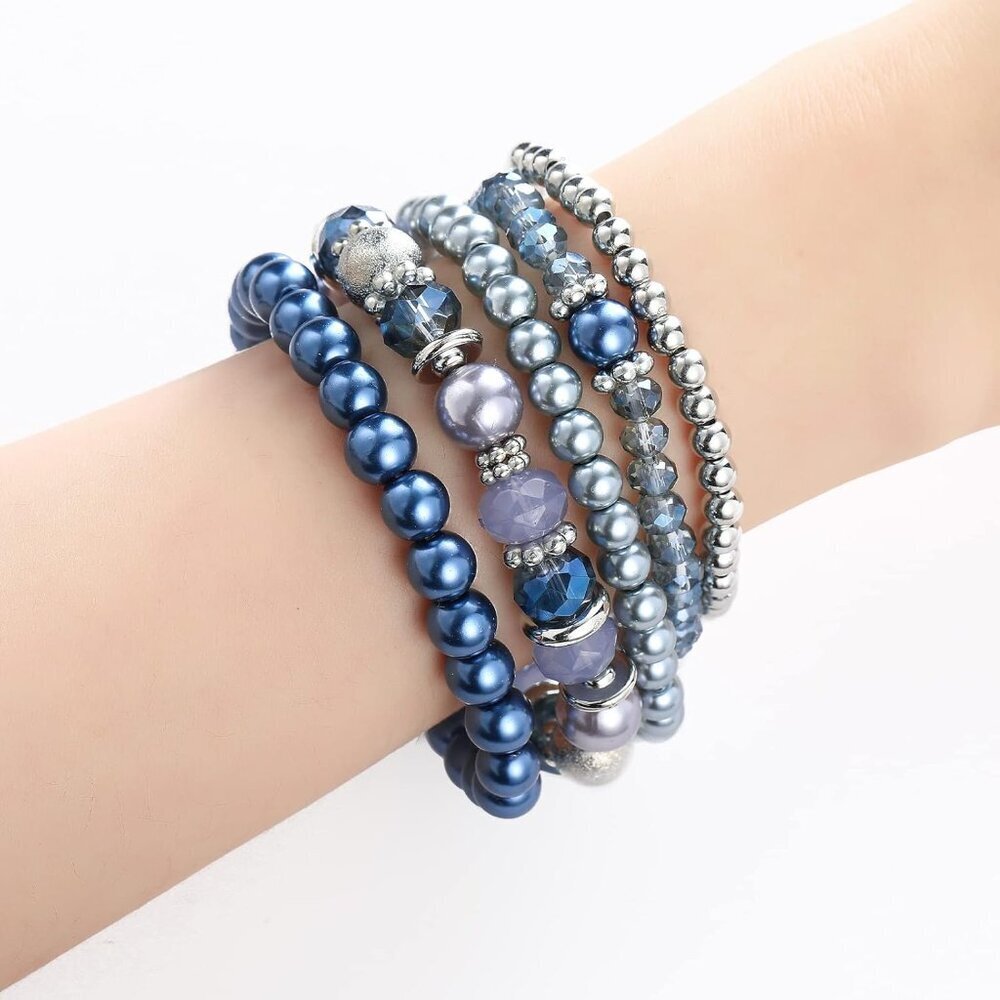 Beaded Pearl Silver Stackable Bracelets Crystal G… - image 3